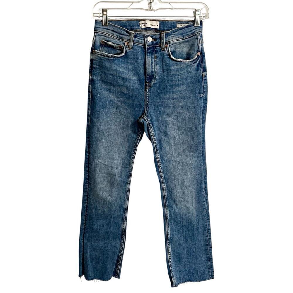 ZARA Jeans Women Size 4 Blue The Bootcut Ankle High Rise Stretch Raw Hem Modern